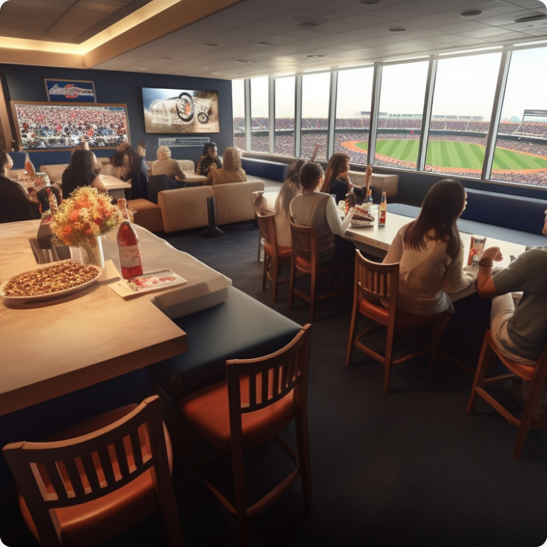 People eating at a VIP club while watching a baseball game.