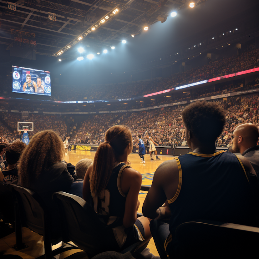 Fans enjoying courtside seats at a basketball game